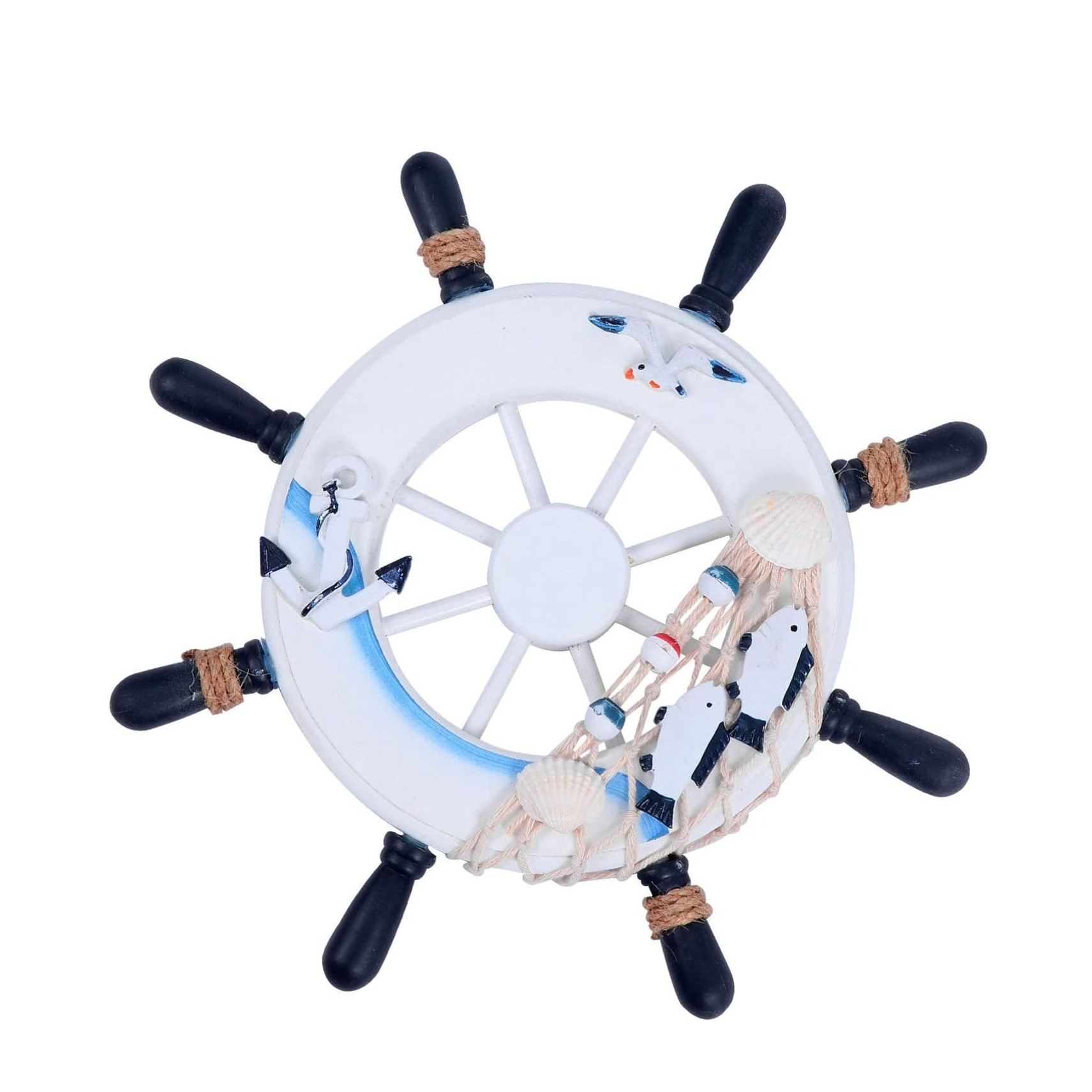 Image of (Ø23cm) Holz Wand Dekoration Maritimes Schiff Steuerrad Accessoire - Weiss / Dunkelblau bei Apfelkiste.ch