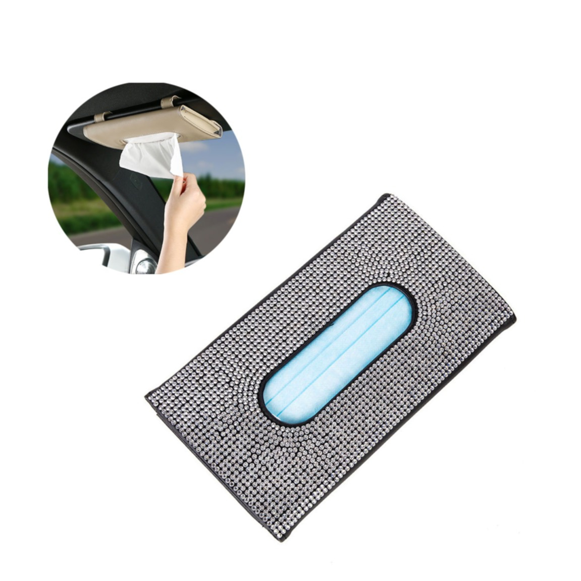 Image of (23x12cm) Auto Sonnenblende Glitzer Taschentuch / Mundschutz Spender Universal Strassstein Accessoire - Silber bei Apfelkiste.ch