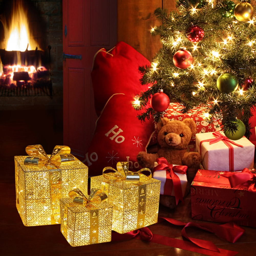 3er Set) LED Geschenke Weihnachts Home Deko Gold