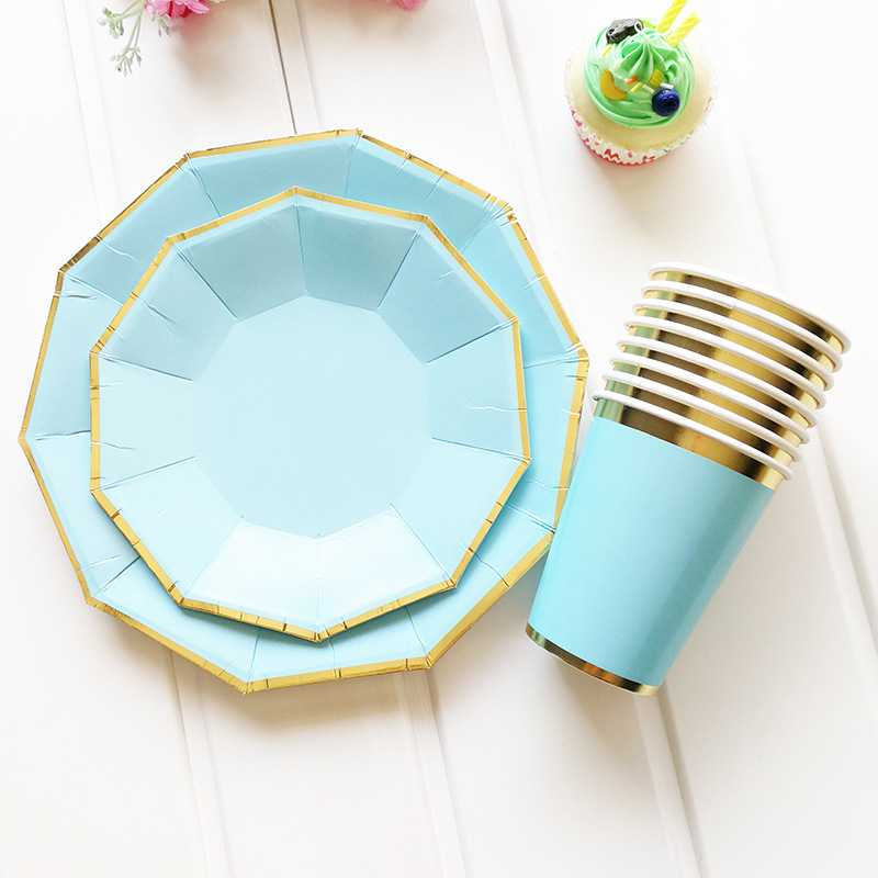 Image of (24-tlg. Set) Einweg Geschirr Party Tisch Dekoration - Blau / Gold bei Apfelkiste.ch