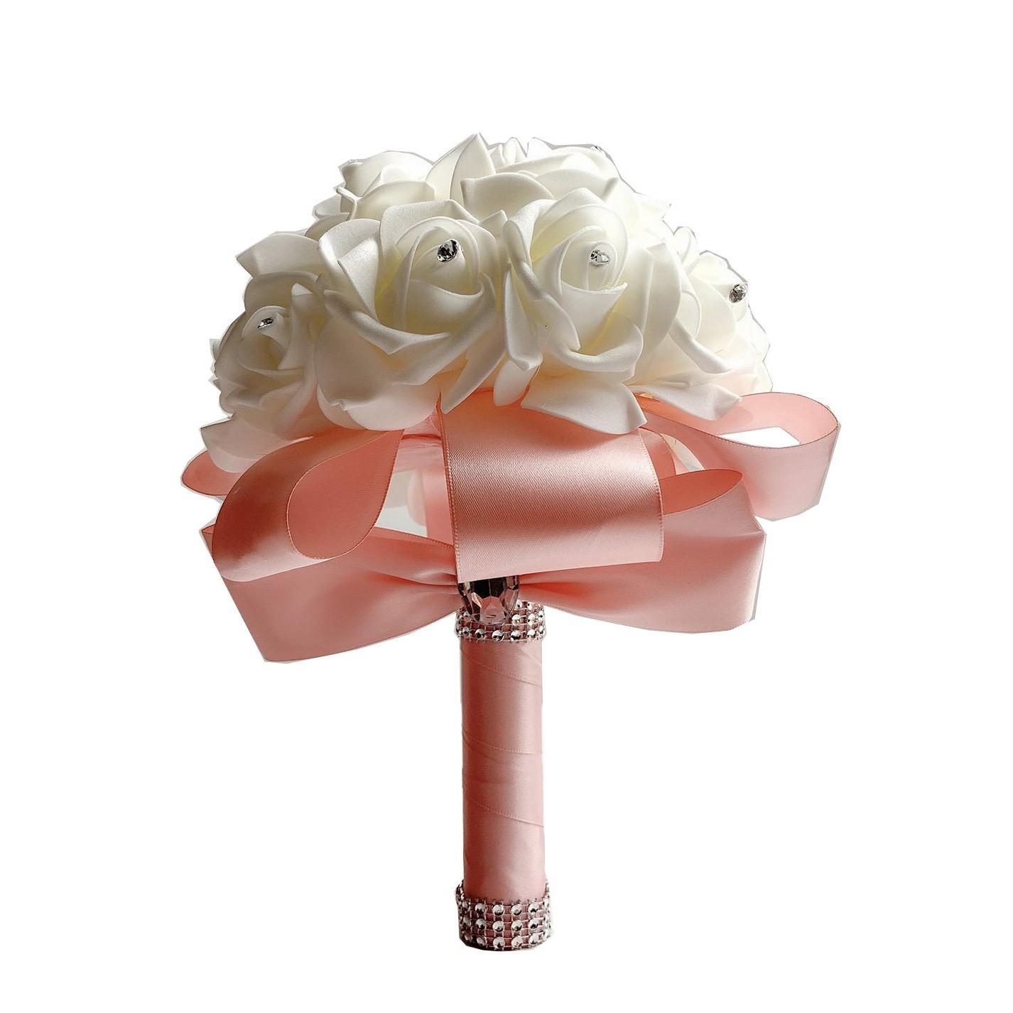 Image of (25cm) Deko Brautstrauss Kunstblumen Rosen Junggesellinnenabschied Blumenstrauss - Weiss / Rosa bei Apfelkiste.ch