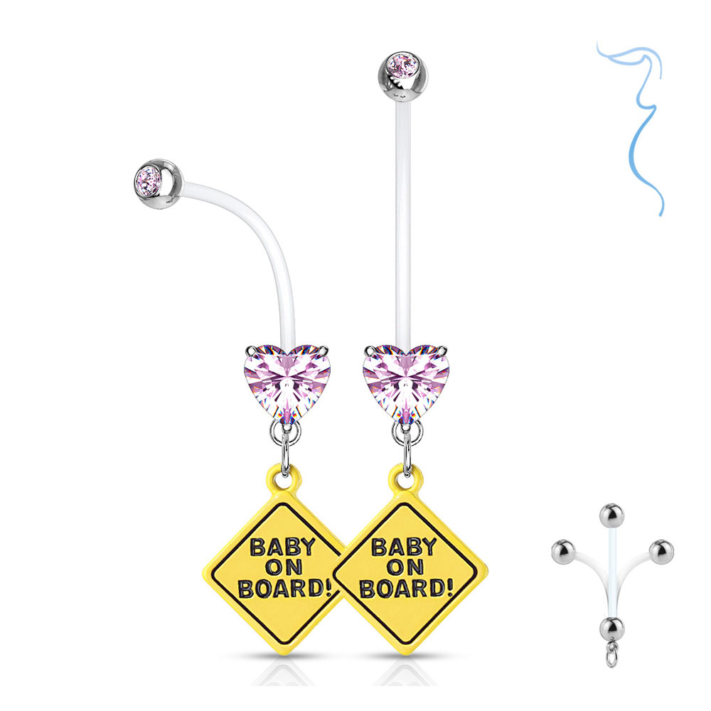 Image of (25mm) Bioflex Schwangerschafts Bauchnabelpiercing Baby On Board mit Strass Herz - Silber / Rosa bei Apfelkiste.ch
