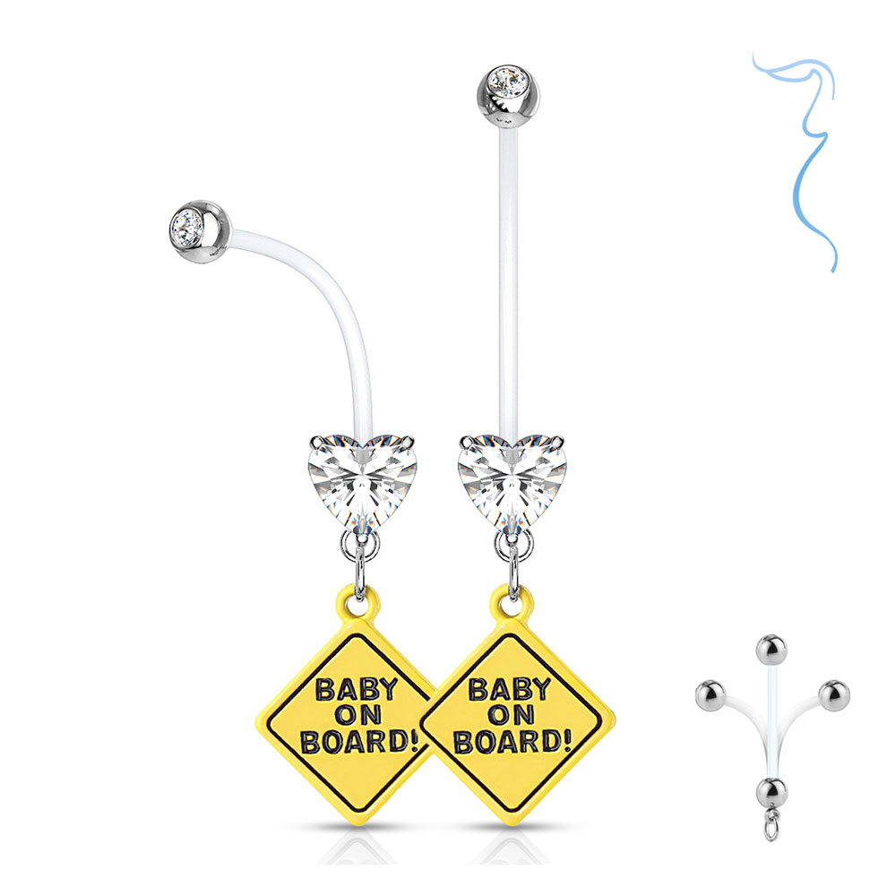 Image of (25mm) Bioflex Schwangerschafts Bauchnabelpiercing Baby On Board mit Strass Herz - Silber bei Apfelkiste.ch