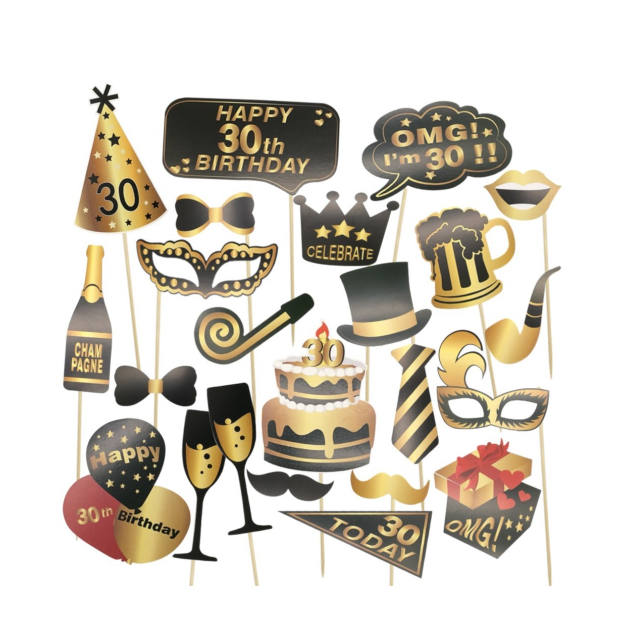 Image of (26er Set) Photo Booth Fotorequisiten Foto Accessoires Dekorationen für lustige Bilder - 30. Geburtstag bei Apfelkiste.ch