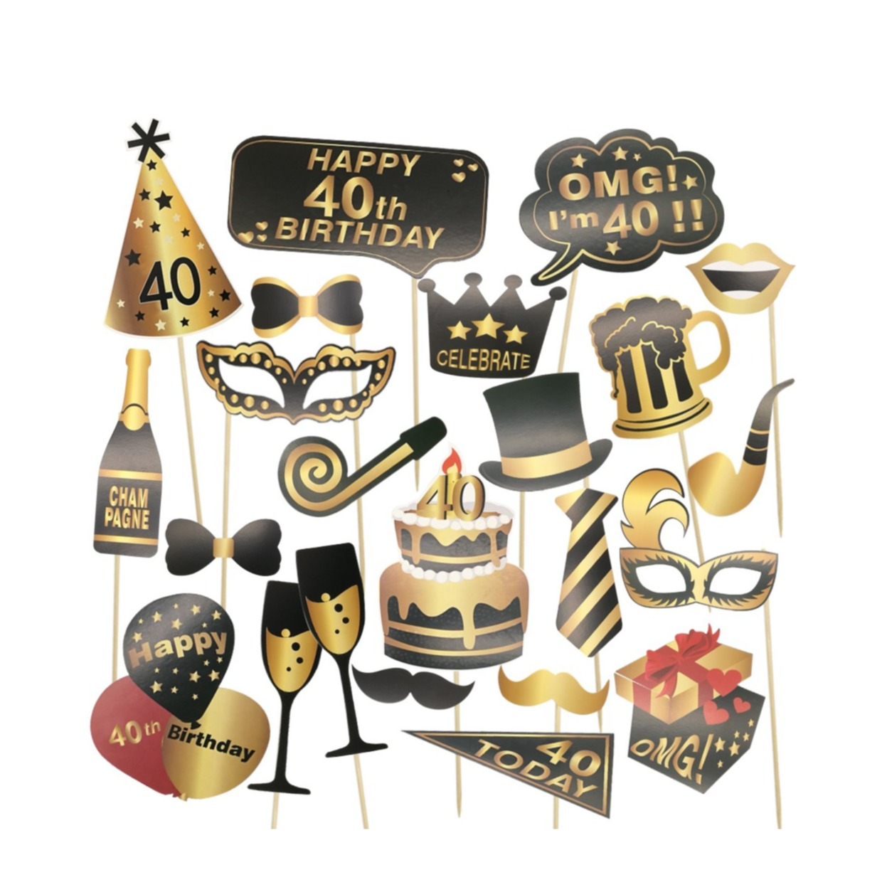 Image of (26er Set) Photo Booth Fotorequisiten Foto Accessoires Dekorationen für lustige Bilder - 40. Geburtstag bei Apfelkiste.ch