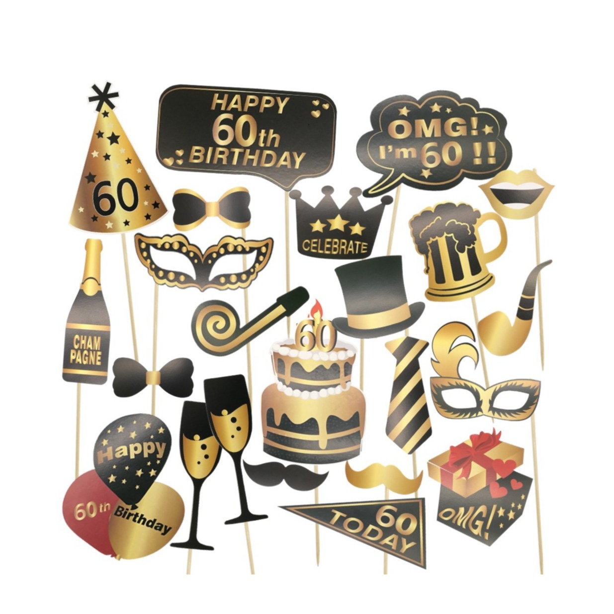 Image of (26er Set) Photo Booth Fotorequisiten Foto Accessoires Dekorationen für lustige Bilder - 60. Geburtstag bei Apfelkiste.ch