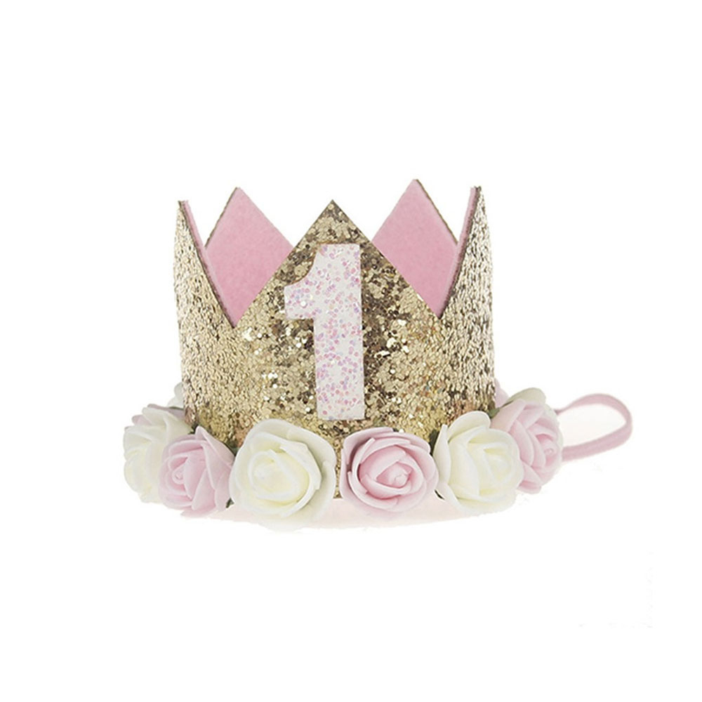 Image of (26x7cm) Glitzer Party Krone 1. Geburtstag Filz Krone Accessoire - Gold / Rosa / Weiss bei Apfelkiste.ch