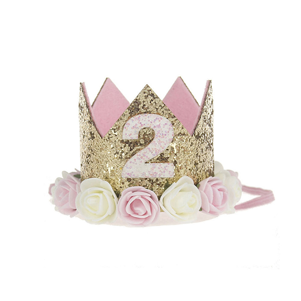 Image of (26x7cm) Glitzer Party Krone 2. Geburtstag Filz Krone Accessoire - Gold / Rosa / Weiss bei Apfelkiste.ch