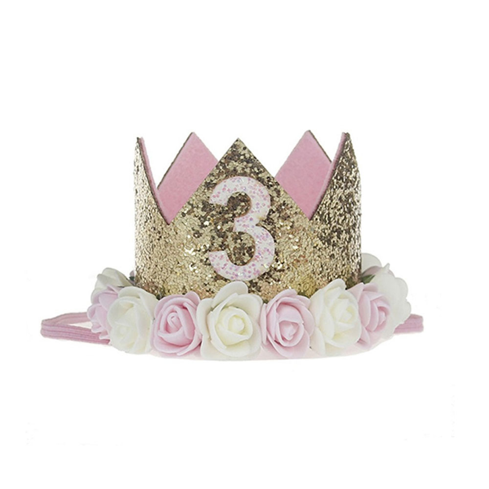 Image of (26x7cm) Glitzer Party Krone 3. Geburtstag Filz Krone Accessoire - Gold / Rosa / Weiss bei Apfelkiste.ch