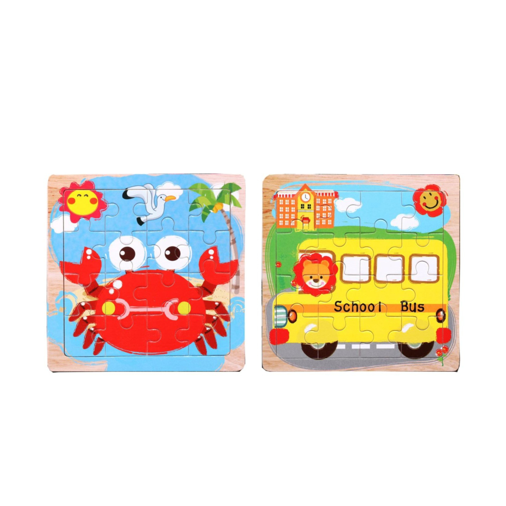 Image of (2er Set) 15x15cm Holz Kinder Puzzle Spiel - Krabbe / Schulbus bei Apfelkiste.ch