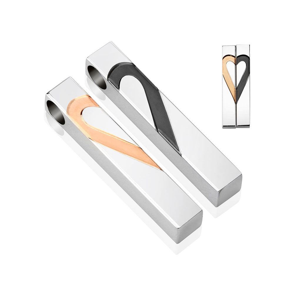 Image of (2-tlg. Set) 35x6cm Halsketten Anhänger Metall Halb Herz Anhänger - Silber / Schwarz / Roségold bei Apfelkiste.ch