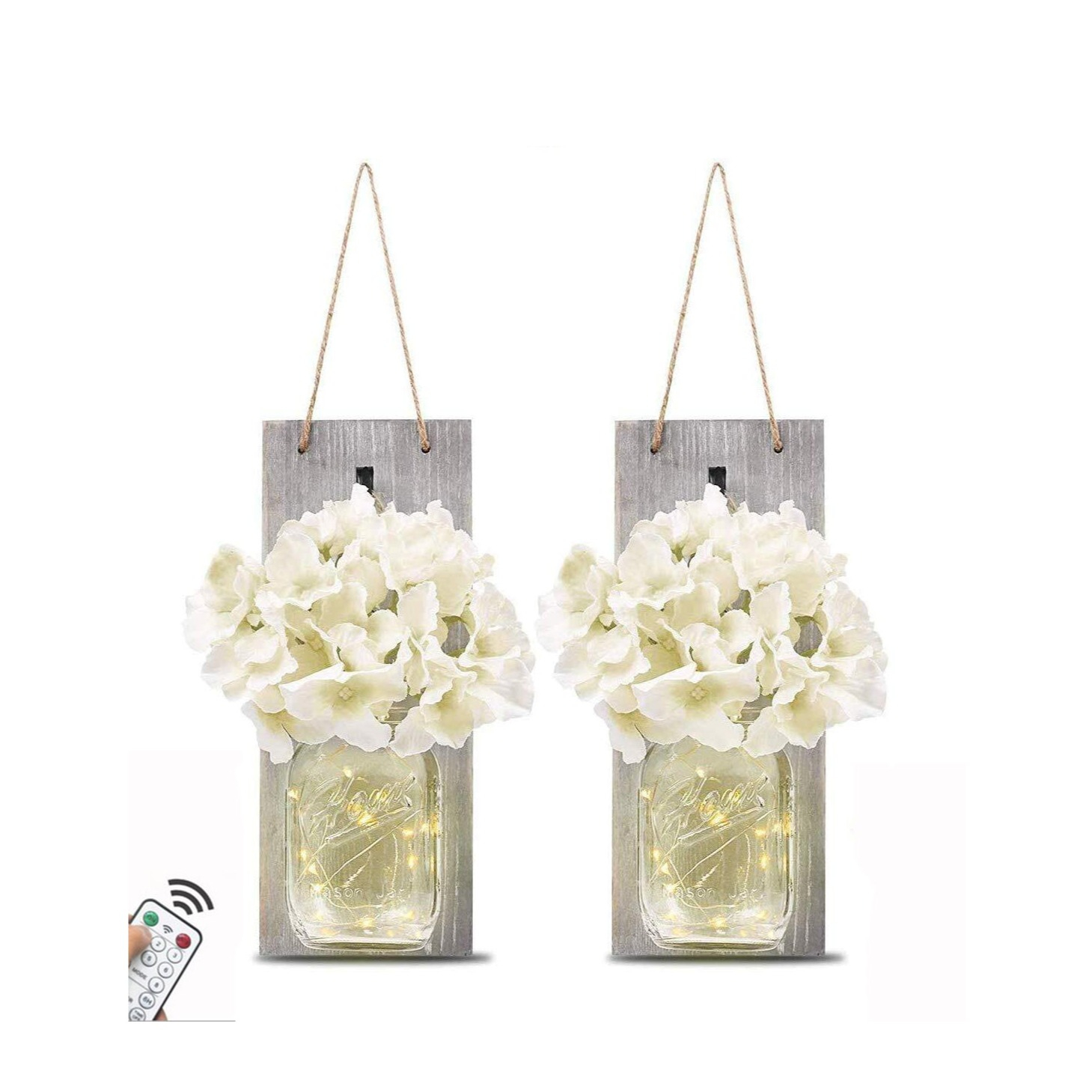 Image of (2er Set) Vintage Wandleuchte Home Deko mit Kunstblumen / Lichterkette + Fernbedienung (Batteriebetrieben) - Grau bei Apfelkiste.ch