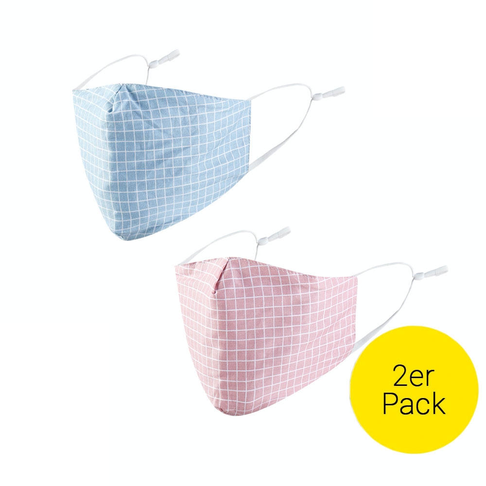 Image of (2er Set) Wiederverwendbare Stoff Mundschutz Hygiene Atemschutzmaske Staubschutzmaske (Grössenverstellbar) - Kariert bei Apfelkiste.ch
