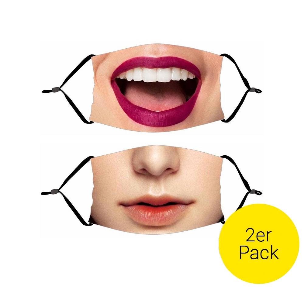 Image of (2er Set) Wiederverwendbare Stoff Mundschutz Hygiene Atemschutzmaske Staubschutzmaske (Grössenverstellbar) - Lippen bei Apfelkiste.ch