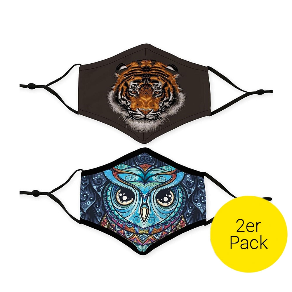 (2er Set) Wiederverwendbare Stoff Mundschutz Hygiene Atemschutzmaske Staubschutzmaske (Grössenverstellbar) - Tiger / Eule
