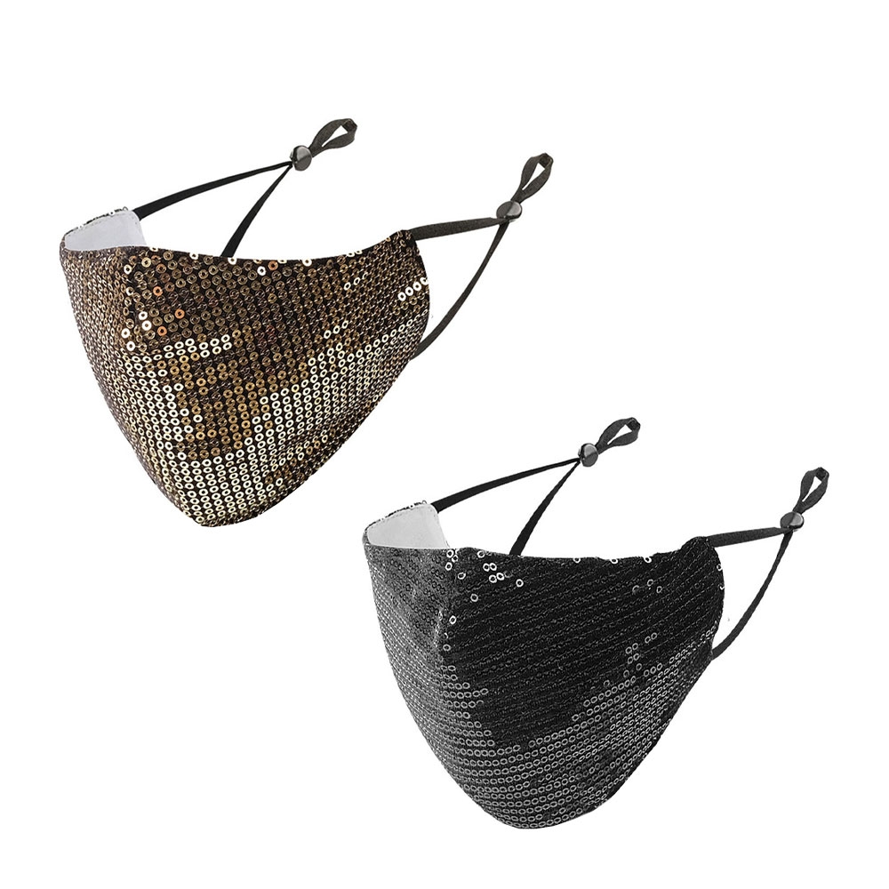Image of (2er Set) Wiederverwendbare Stoff Mundschutz Hygiene Atemschutzmaske Staubschutzmaske mit Pailletten (Grössenverstellbar) - Gold / Schwarz bei Apfelkiste.ch