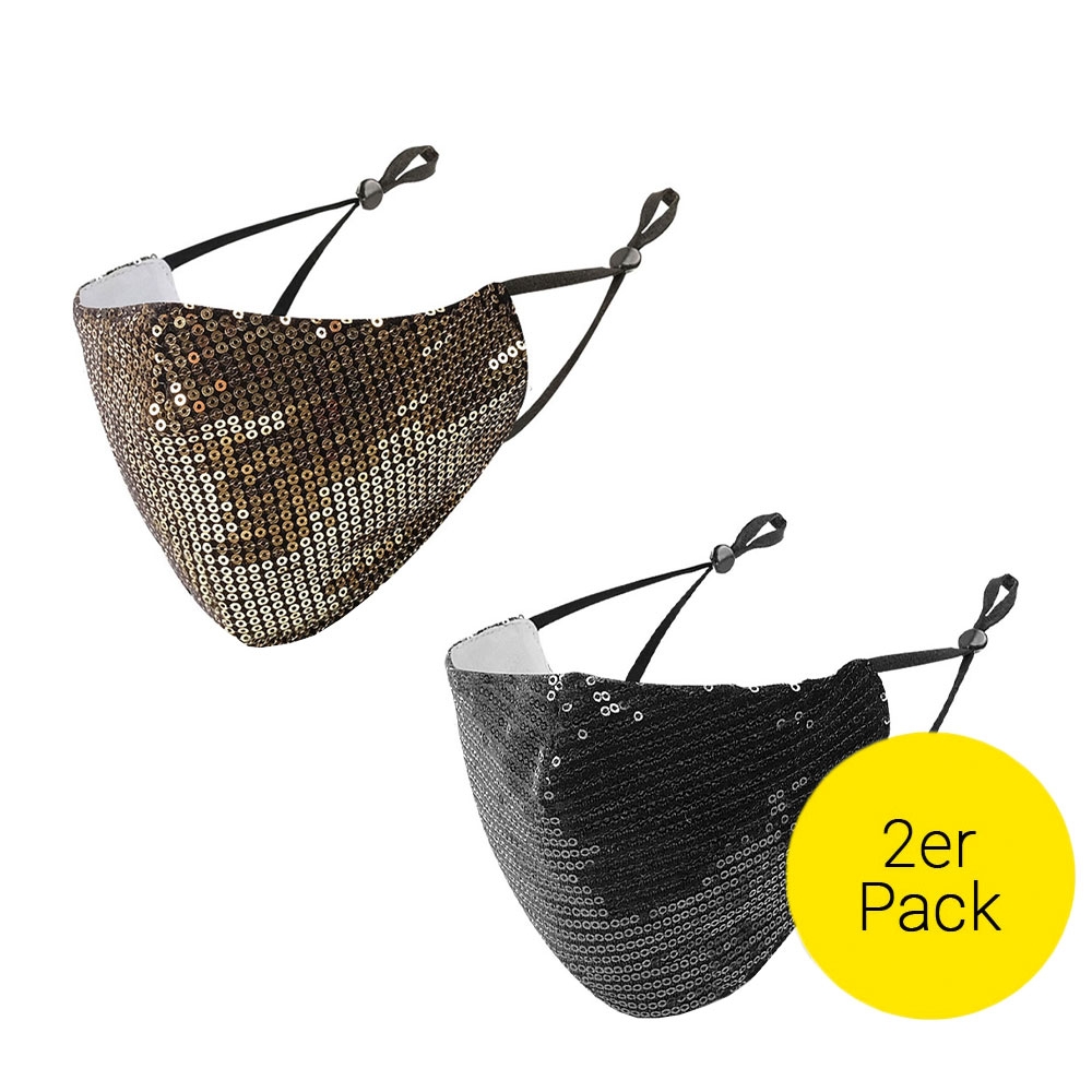 (2er Set) Wiederverwendbare Stoff Mundschutz Hygiene Atemschutzmaske Staubschutzmaske mit Pailletten (Grössenverstellbar) - Gold / Schwarz
