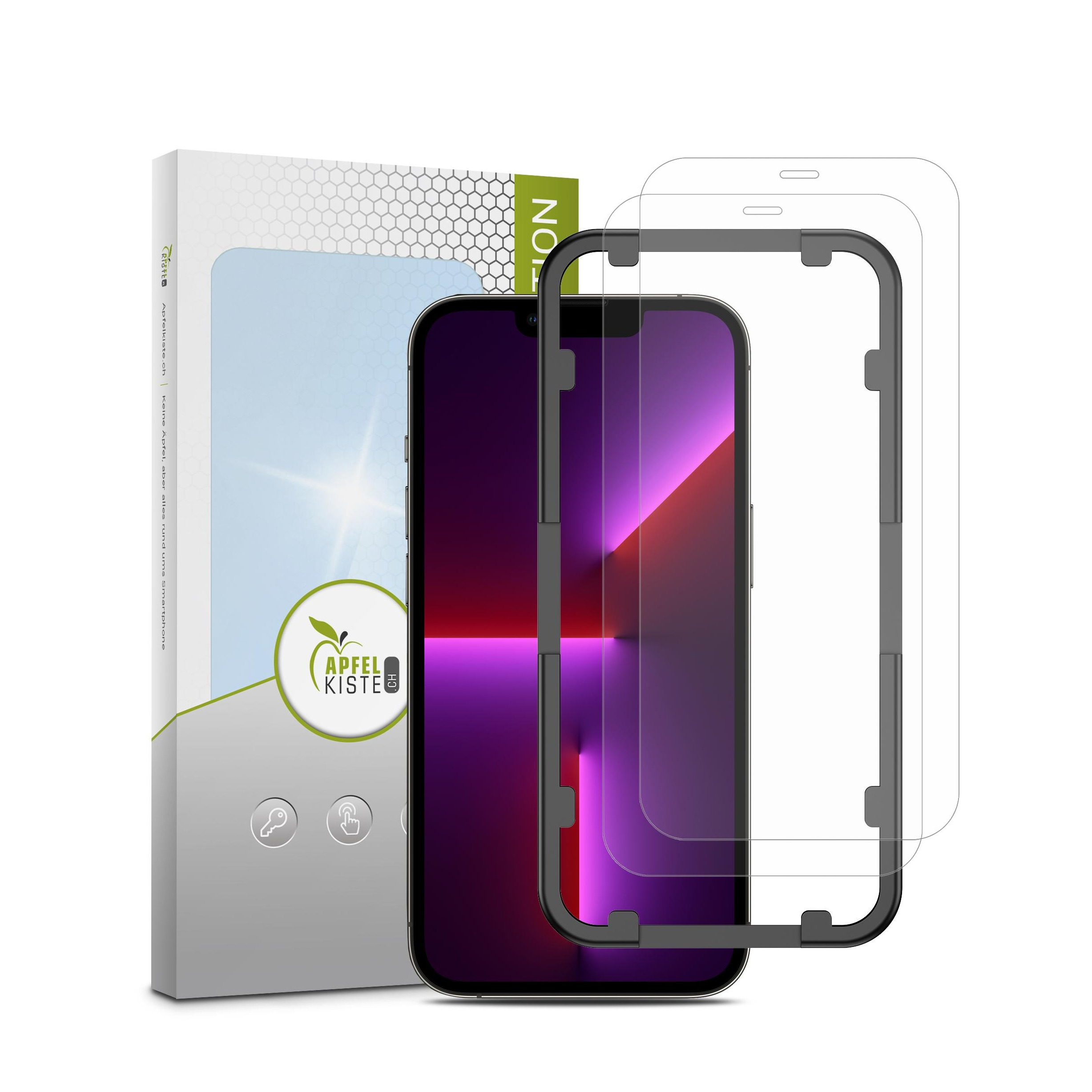 Image of Apfelkiste © - (2er Set) iPhone 13 / iPhone 13 Pro Panzer Glas Display + Montagerahmen Case Friendly 0.3mm bei Apfelkiste.ch