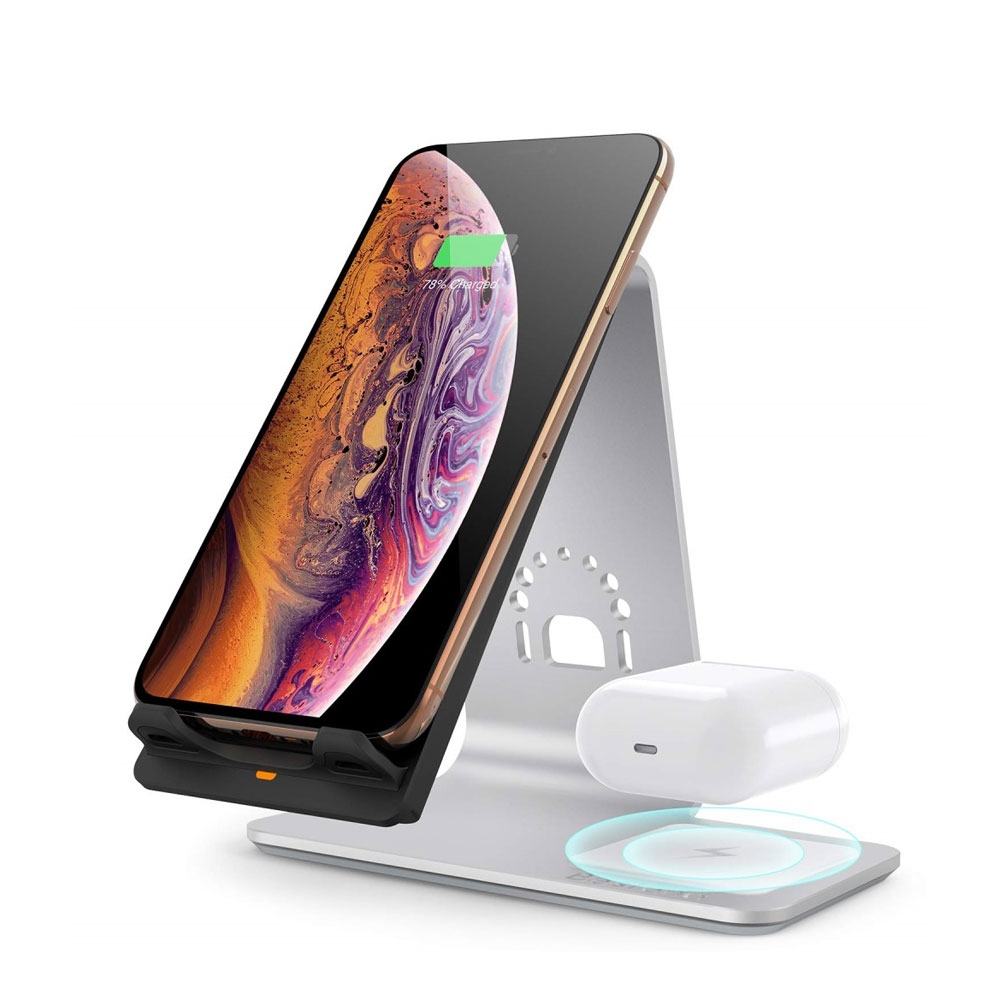 Image of Bestand - 2in1 Qi Wireless Fast Charger Ladegerät (10W / 5W) für Apple iPhone / Airpods - Silber bei Apfelkiste.ch