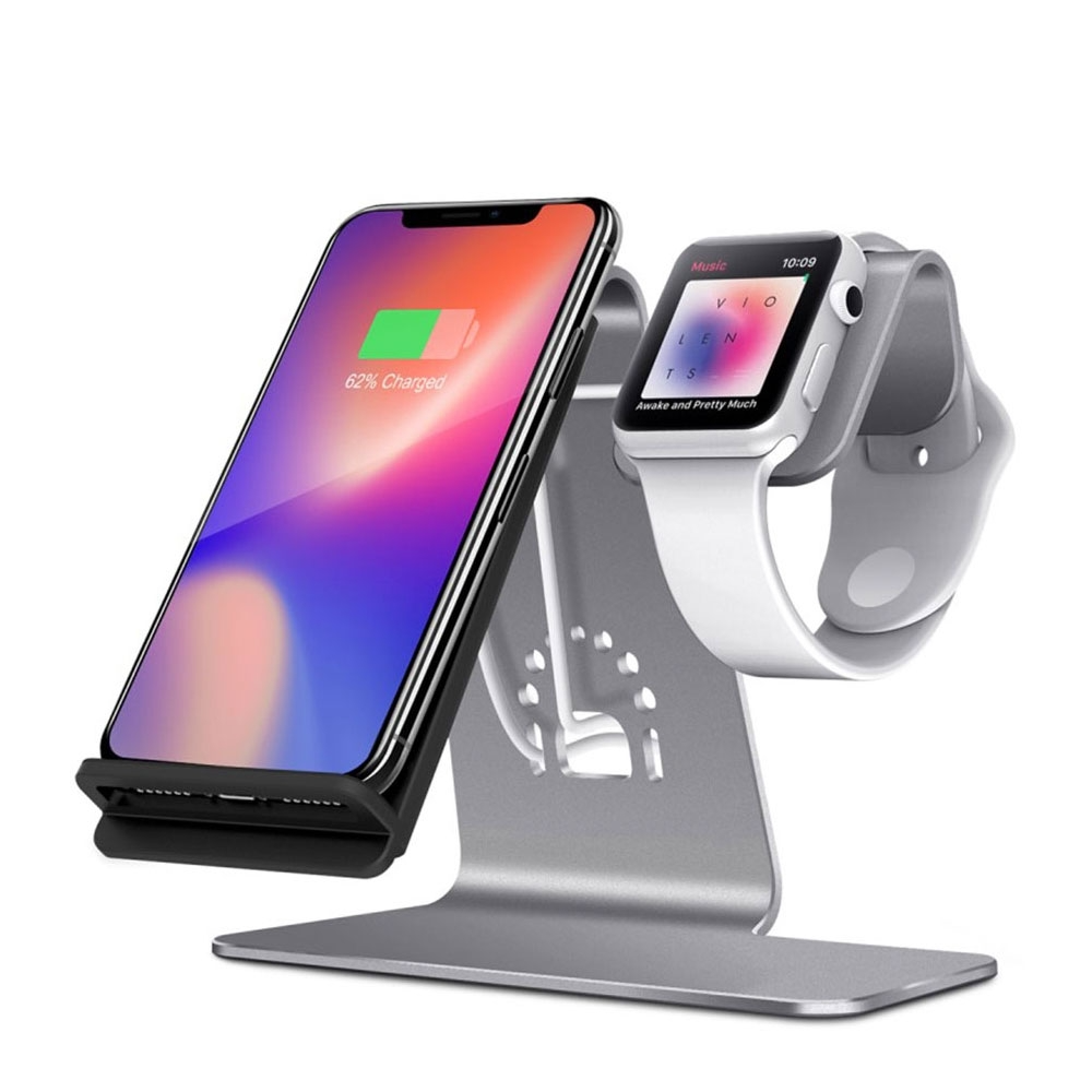 Image of Bestand - 2in1 Qi Wireless Fast Charger Ladegerät (10W / 7.5W) für iPhone / Apple Watch mit Multifunktions Halterung - Grau bei Apfelkiste.ch