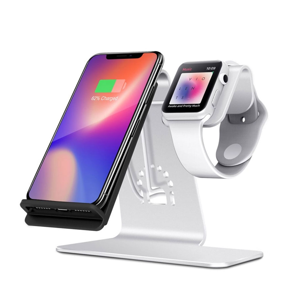 Image of Bestand - 2in1 Qi Wireless Fast Charger Ladegerät (10W / 7.5W) für iPhone / Apple Watch mit Multifunktions Halterung - Silber bei Apfelkiste.ch