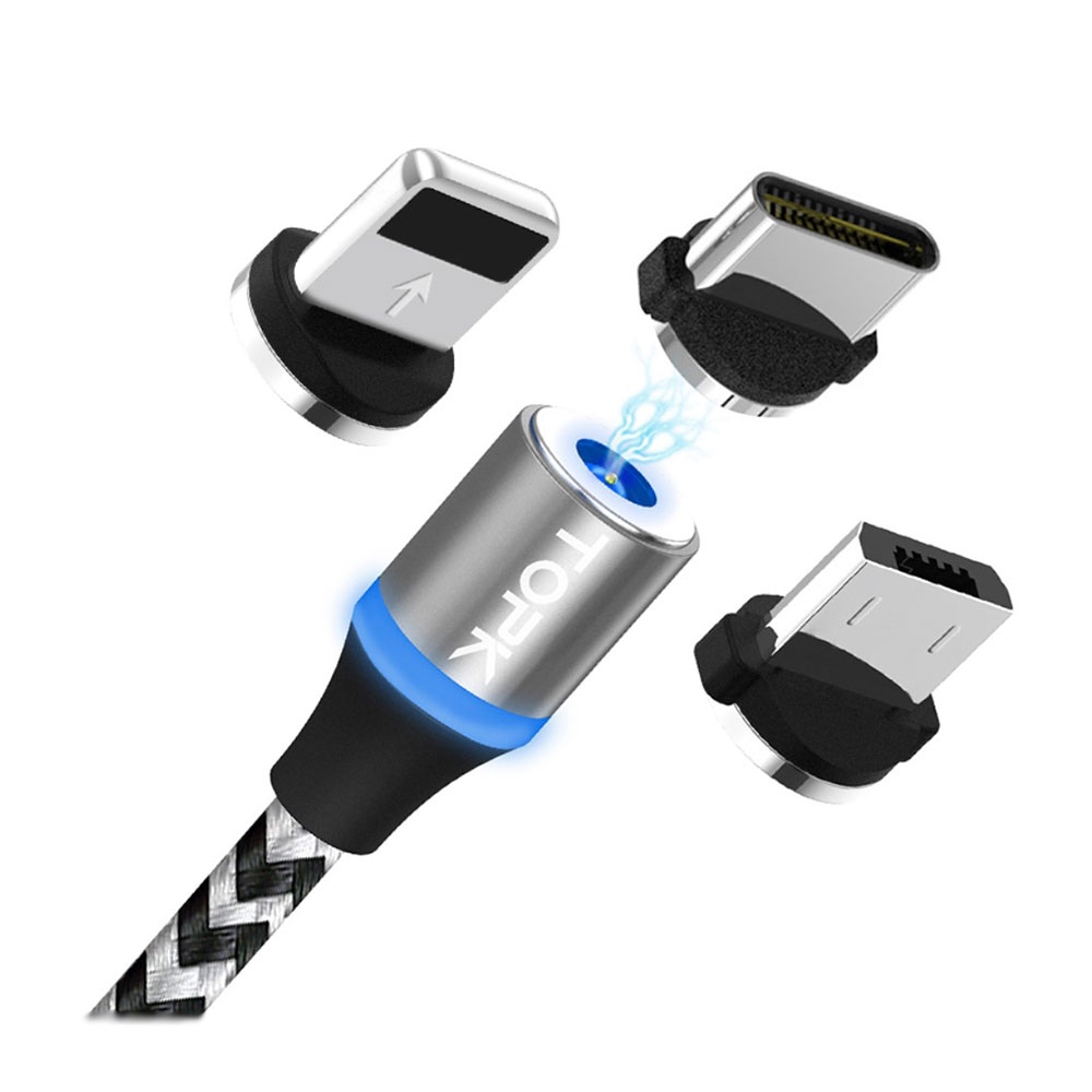 Image of (1m) 3in1 Magnetisches Dual Color USB Ladekabel Nylon Geflecht - Apple Lightning / Micro USB / USB C - Grau / Schwarz bei Apfelkiste.ch