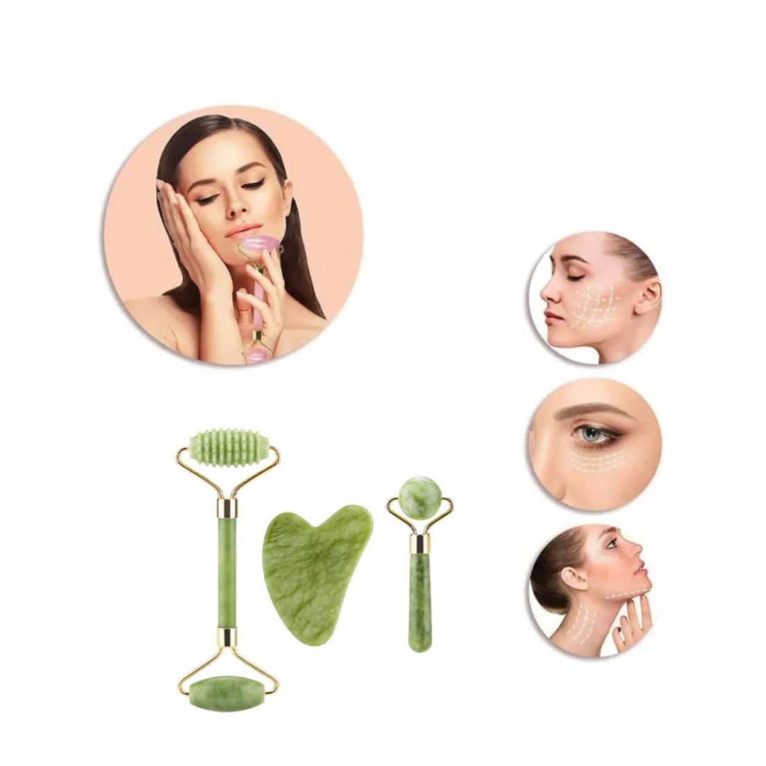 Image of (3-tlg. Set) Anti-Aging Gesichts Massageroller Anti-Falten Jade Roller / Stein - Grün bei Apfelkiste.ch