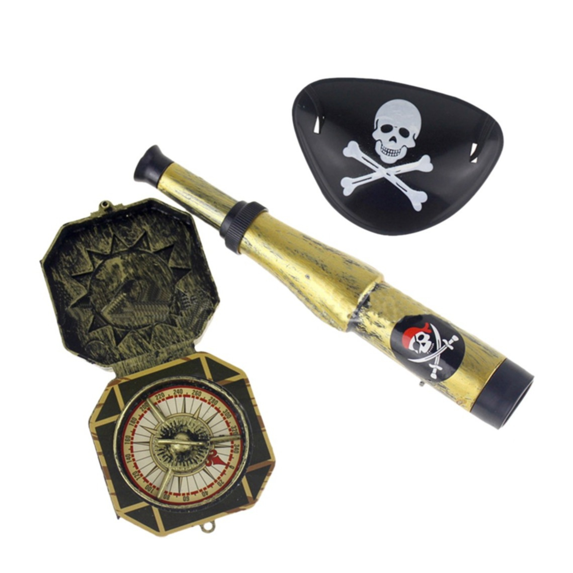Image of (3-tlg. Set) Halloween Kostüm Requisiten Piraten Augenklappe / Kompass / Fernrohr bei Apfelkiste.ch
