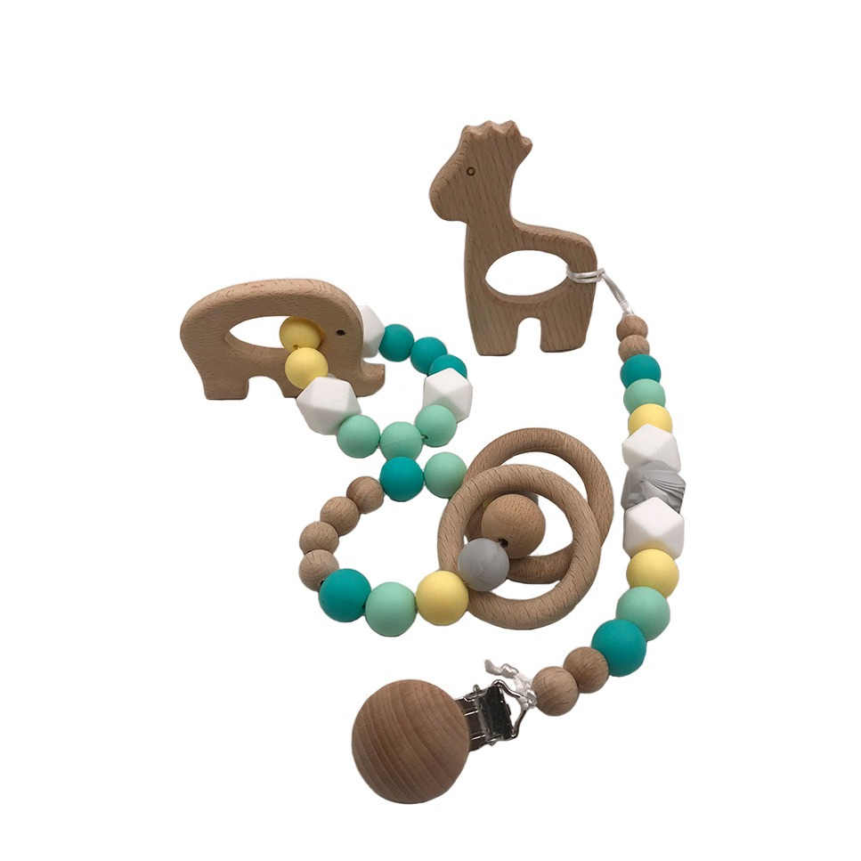 Image of (3-tlg. Set) Holz Schnullerkette + Baby Perlenringe Spielzeug - Elefant / Giraffe bei Apfelkiste.ch