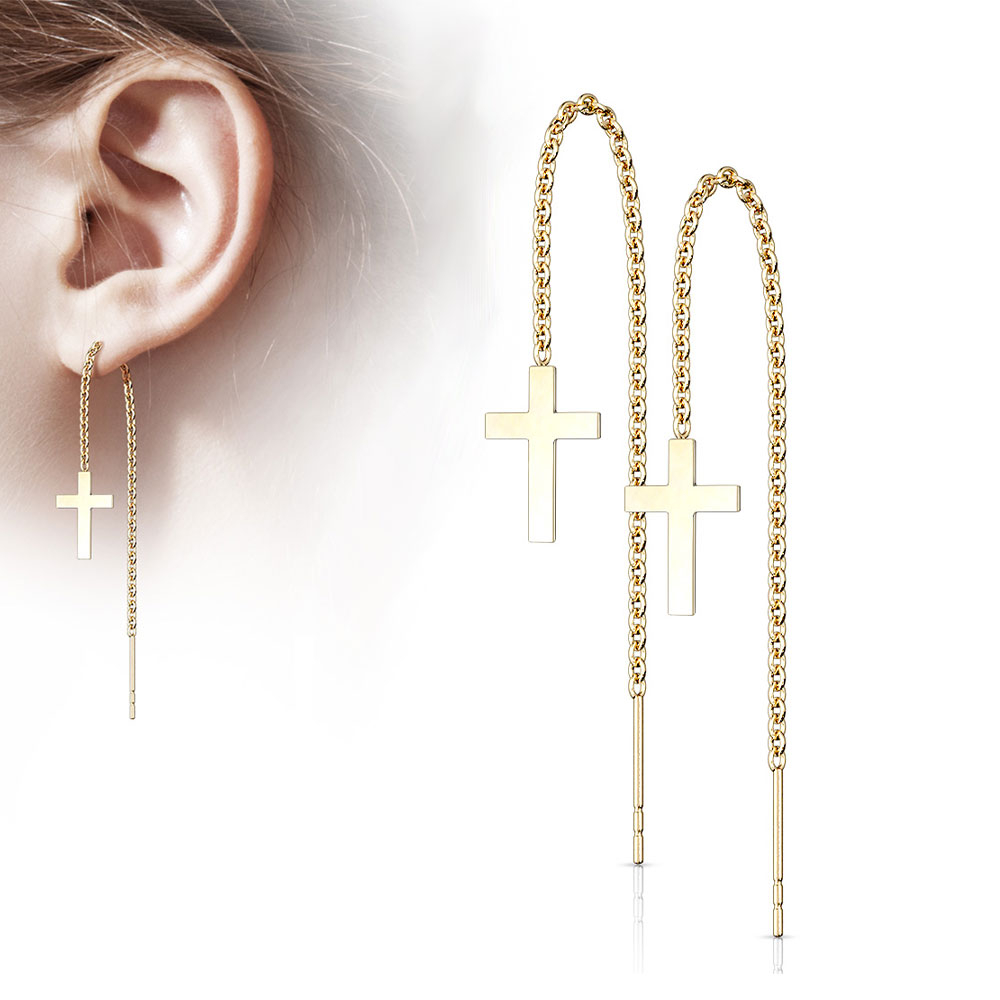 Image of (1 Paar) 316L Edelstahl Ohrringe Durchzieh Ohrhänger Kreuz - Gold bei Apfelkiste.ch