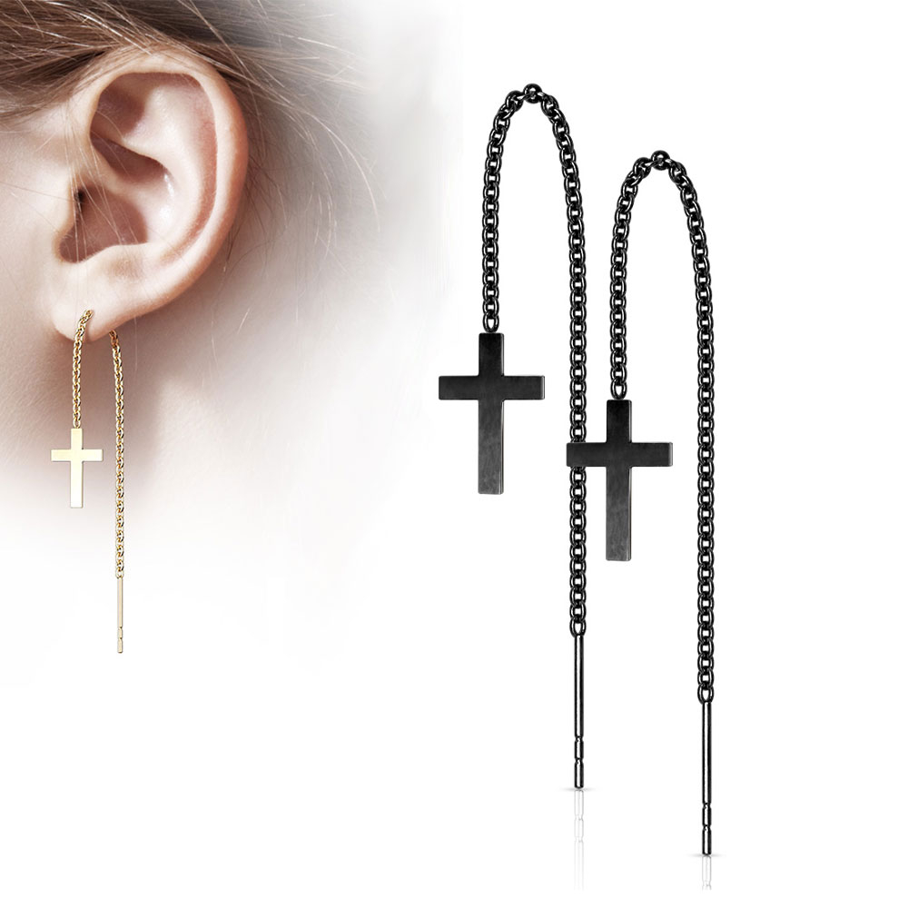 Image of (1 Paar)316L Edelstahl Ohrringe Durchzieh Ohrhänger Kreuz - Schwarz bei Apfelkiste.ch