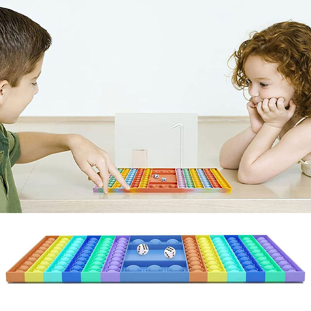 Image of (32x19cm) XXL Anti Stress Silikon Bubbles Pop It Fidget Spiel + Spielwürfel - Violett / Blau / Gelb / Orange bei Apfelkiste.ch