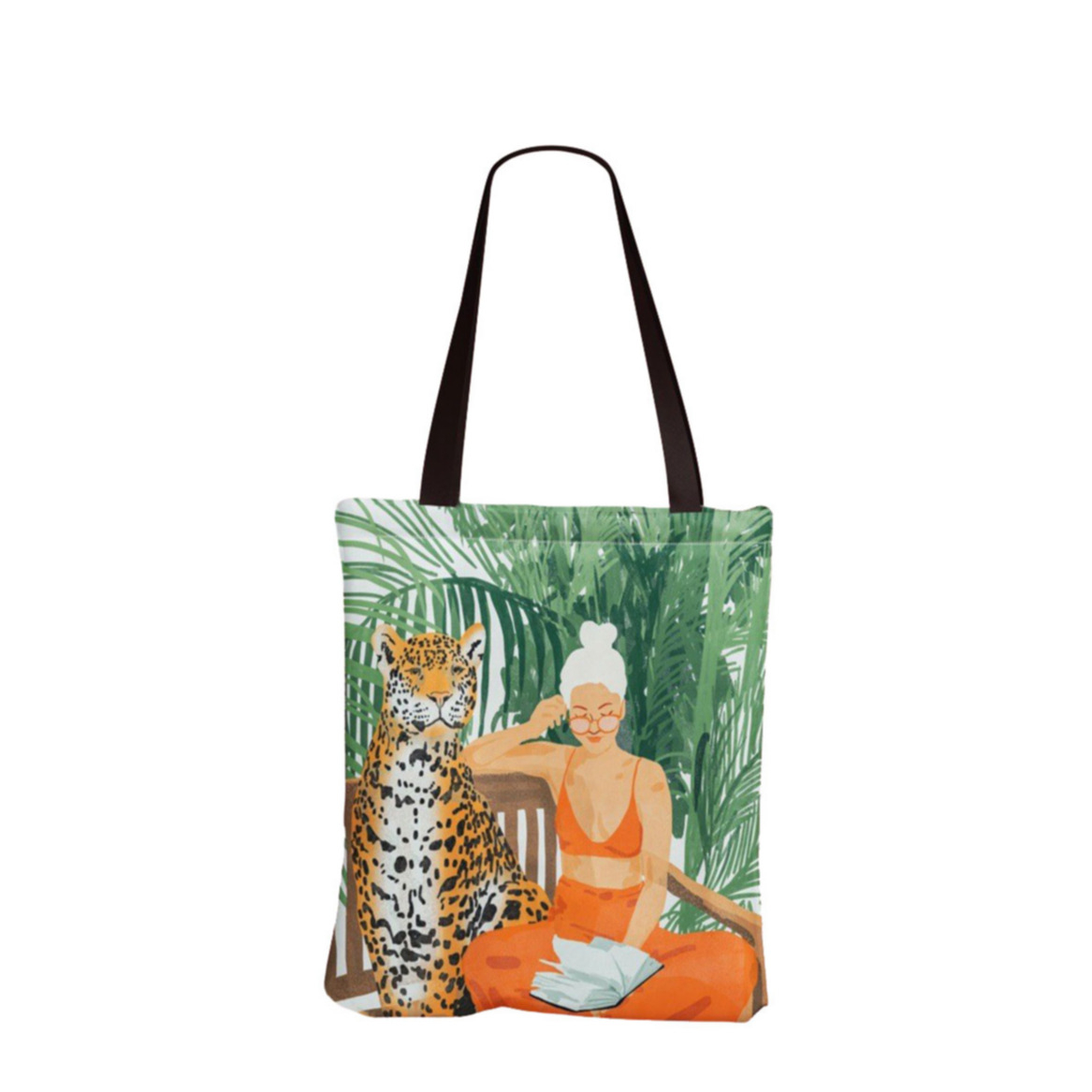 Image of (33x38cm) Leinen Tote Bag Boho Stoff Tragetasche im Dschungel Look - Leopard bei Apfelkiste.ch