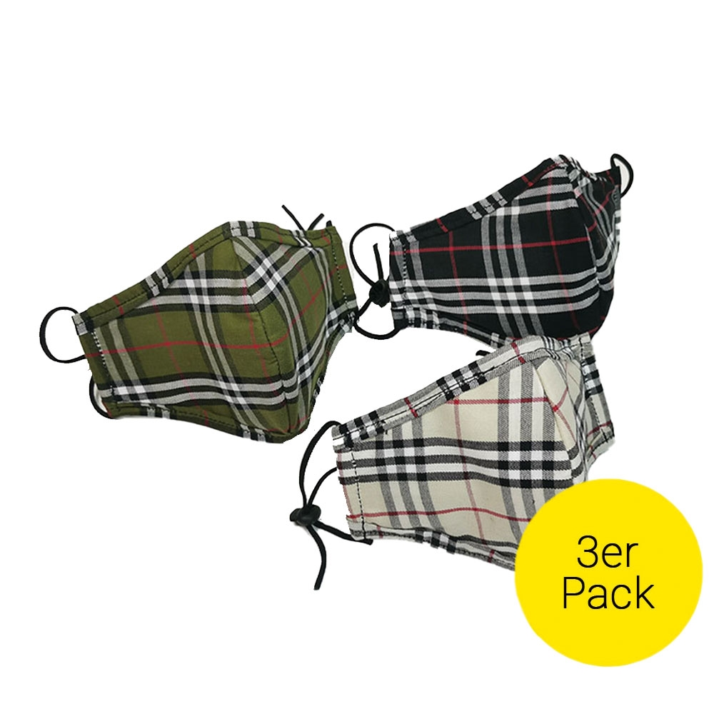 Image of (3er Set) Wiederverwendbare Stoff Mundschutz Hygiene Atemschutzmaske Staubschutzmaske (Grössenverstellbar) - Karo bei Apfelkiste.ch