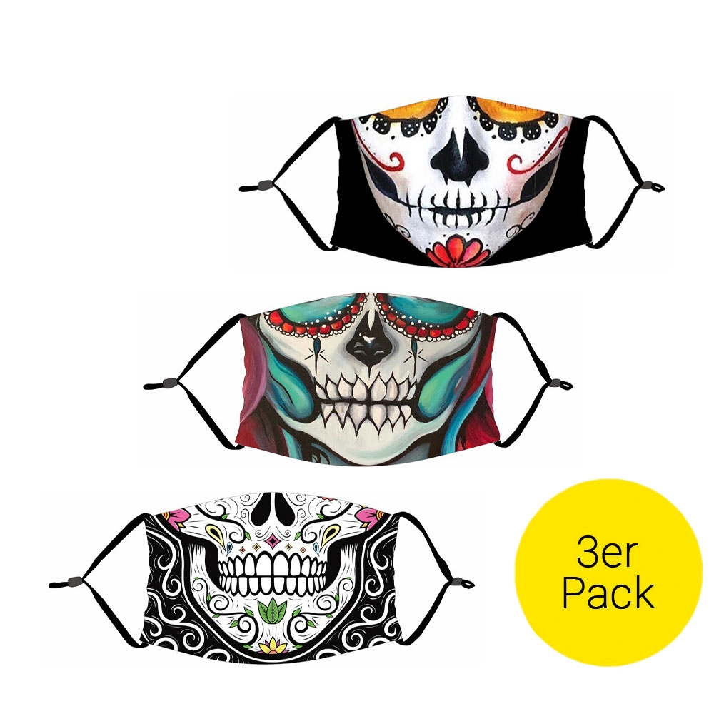 Image of (3er Set) Wiederverwendbare Stoff Mundschutz Hygiene Atemschutzmaske Staubschutzmaske (Grössenverstellbar) - Santa Muerte bei Apfelkiste.ch