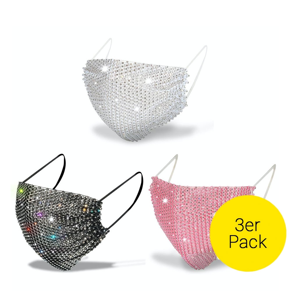 Image of (3er Set) Wiederverwendbarer Überzieher für Hygiene Schutzmasken mit Glitzersteinen - Weiss / Rosa / Schwarz bei Apfelkiste.ch