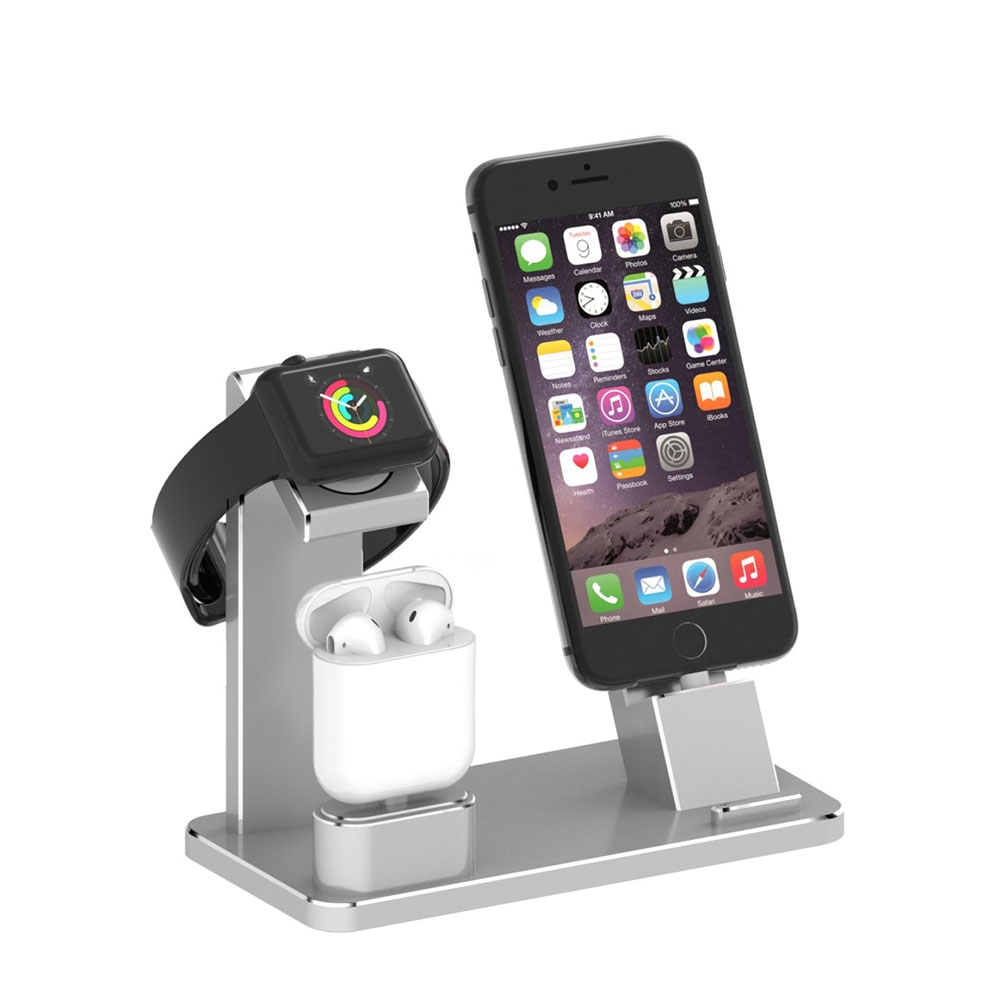 Image of 3in1 Apple Watch / iPhone / AirPods Alu Ständer Dockingstation - Silber bei Apfelkiste.ch