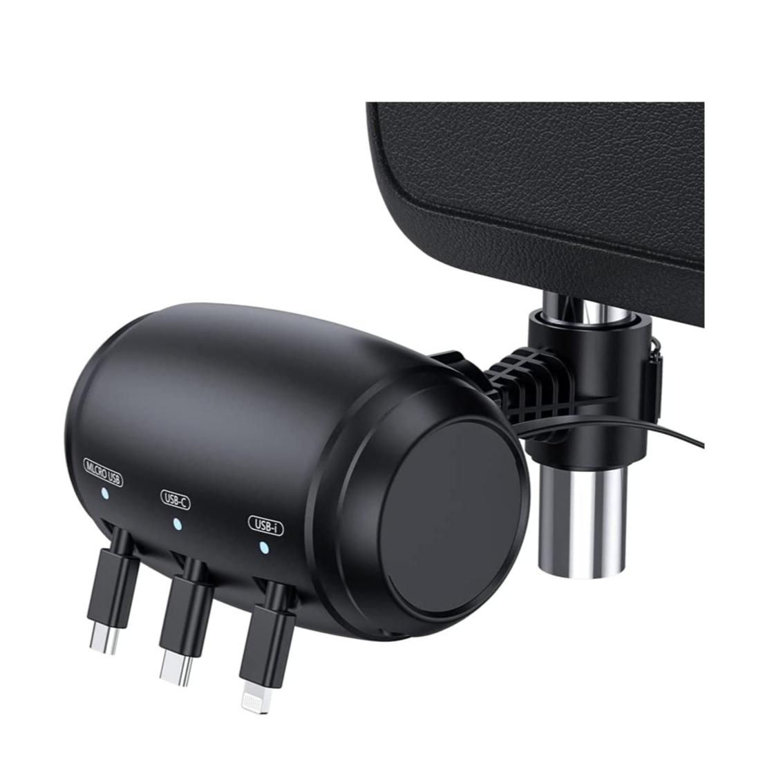 Image of 3in1 Auto Ladekabel Box Micro USB / Lightning / USB C Einziehbare Kabel für KFZ Kopfstütze - Schwarz bei Apfelkiste.ch