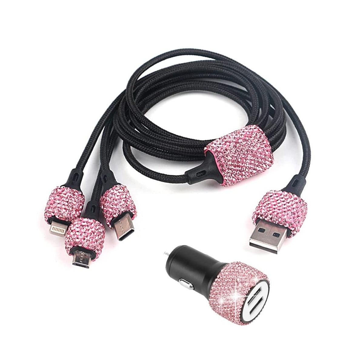 Image of (1.2m) 3in1 Glitzer USB Ladekabel Nylon Lightning / Micro USB / USB C Kabel + Dual KFZ Ladegerät - Pink bei Apfelkiste.ch