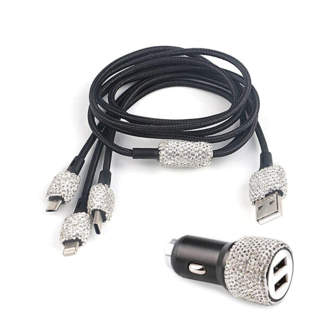 Image of (1.2m) 3in1 Glitzer USB Ladekabel Nylon Lightning / Micro USB / USB C Kabel + Dual KFZ Ladegerät - Silber bei Apfelkiste.ch