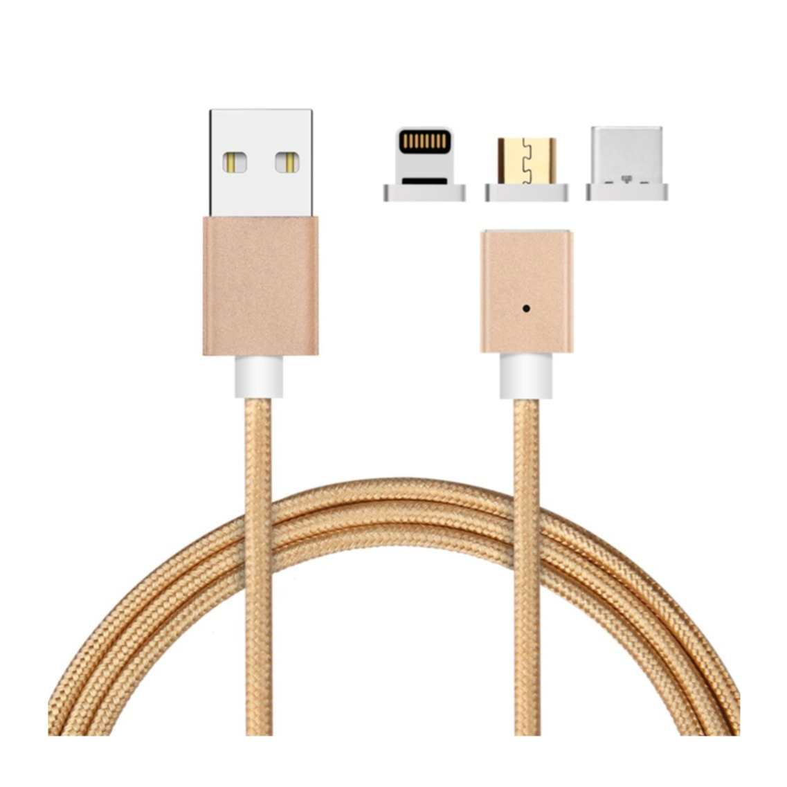 Image of (1m) 3in1 Magnetisches USB A Ladekabel Nylon Geflecht - Apple Lightning / Micro USB / USB C - Gold bei Apfelkiste.ch