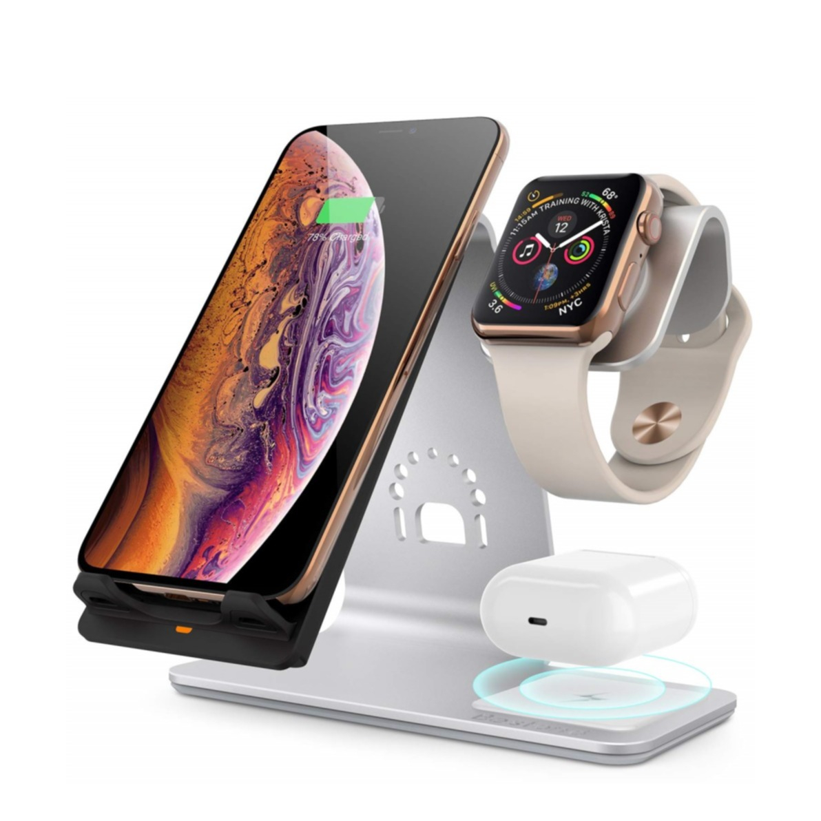 Image of Bestand - 3in1 Qi Wireless Fast Charger Ladegerät (10W / 5W) für Apple iPhone / Airpods / Apple Watch - Silber bei Apfelkiste.ch