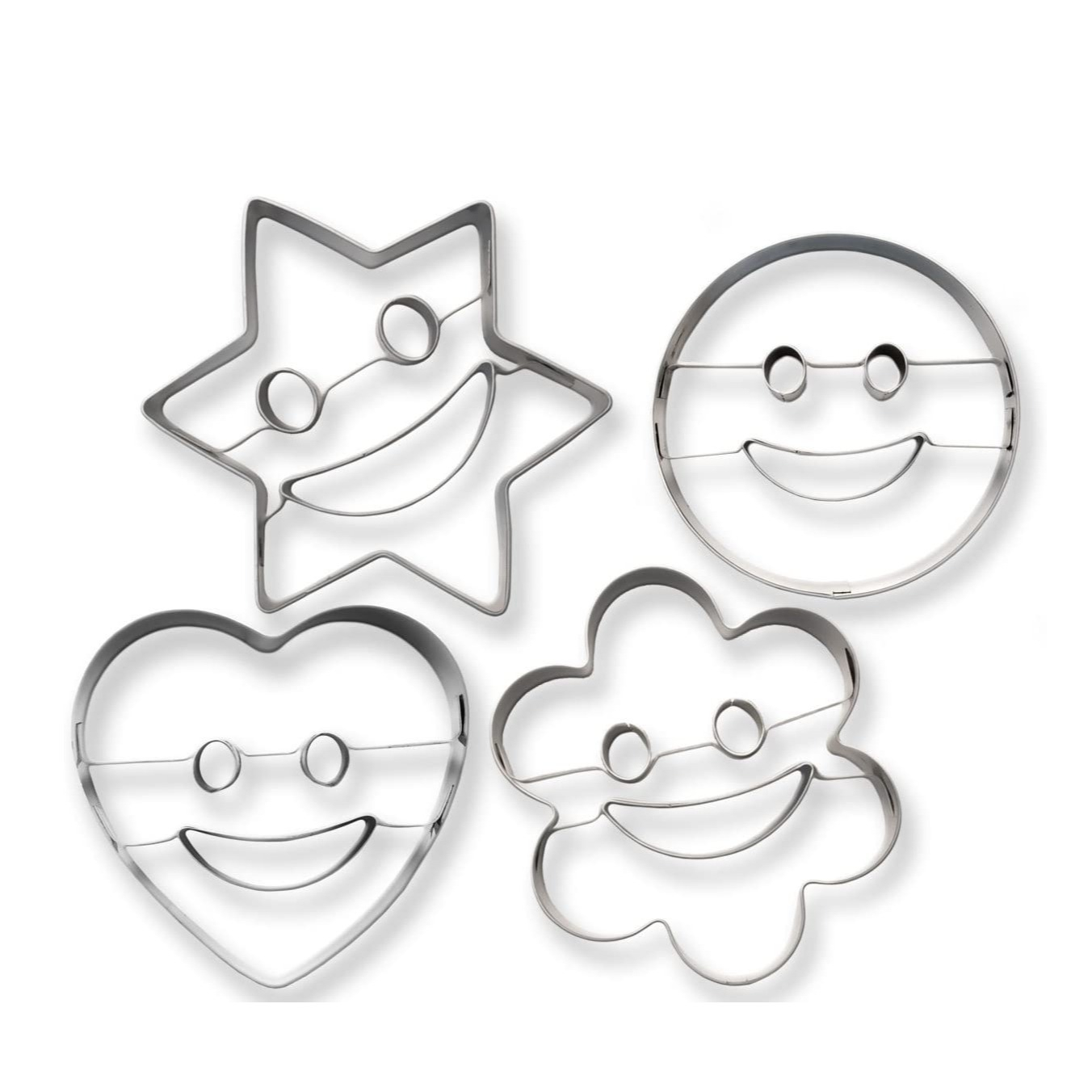 Image of (4er Set) Edelstahl Smiley Ausstechform Emoji Kuchenform Keksausstecher - Herz / Stern / Kreis / Blume bei Apfelkiste.ch