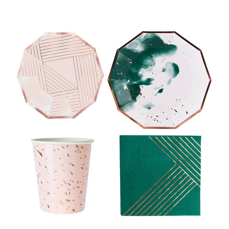 Image of (40-tlg. Set) Einweg Geschirr Party Tisch Dekoration - Rosa / Grün / Roségold bei Apfelkiste.ch