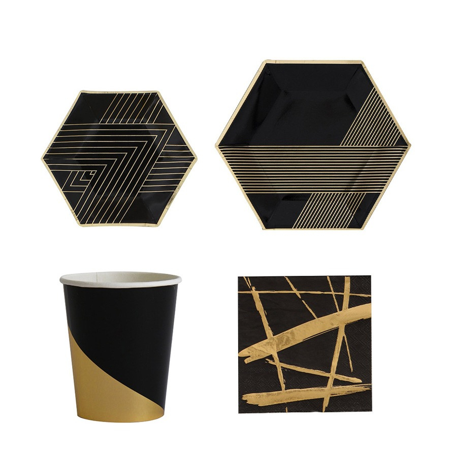 Image of (40-tlg. Set) Einweg Geschirr Party Tisch Dekoration - Schwarz / Gold bei Apfelkiste.ch