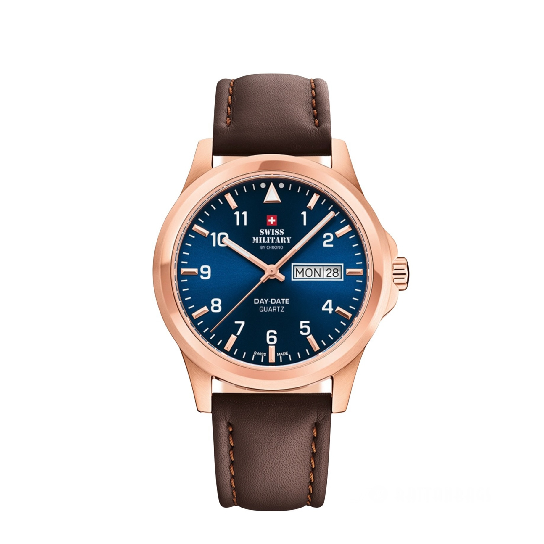Image of Swiss Military by Chrono - (Ø40mm) Quarz Day Date Echtleder Armbanduhr Analog (Gelenkumfang 180-225mm) - Braun / Roségold bei Apfelkiste.ch