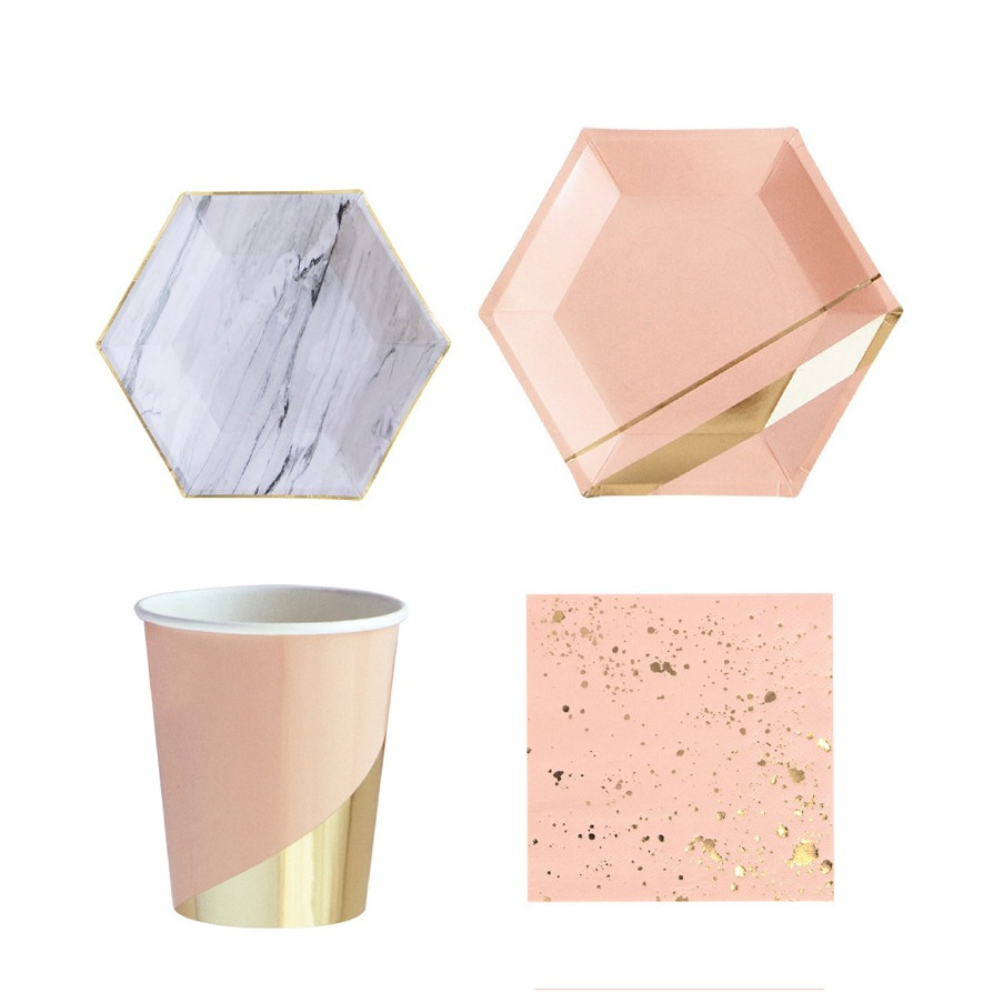 Image of (44-tlg. Set) Einweg Geschirr Party Tisch Dekoration - Rosa / Gold / Marmor bei Apfelkiste.ch