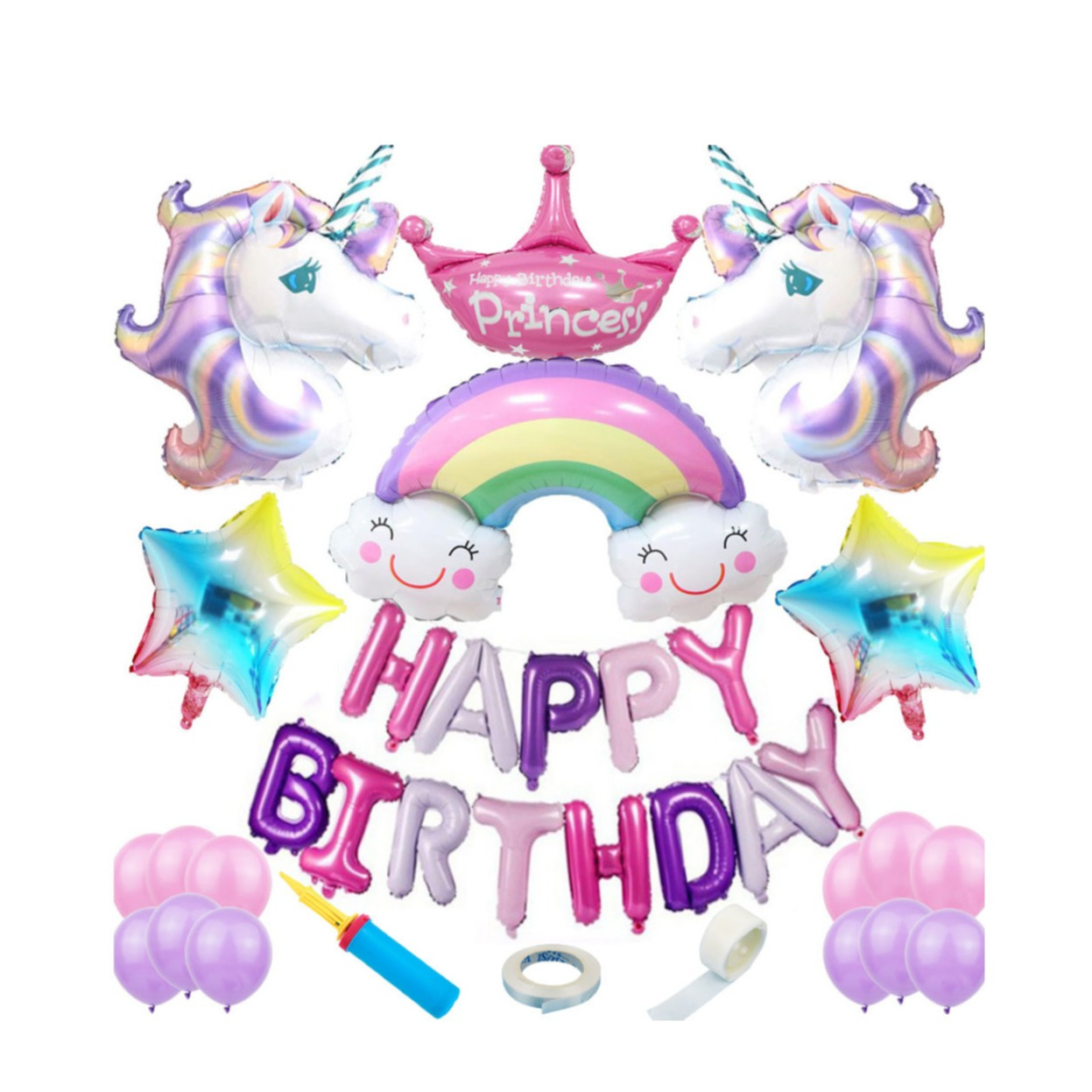 Image of (44-tlg. Set) Happy Birthday Girlande Geburtstags Party Deko Einhorn + Latex- und Folienballons / Ballon Luftpumpe - Rosa / Lila bei Apfelkiste.ch