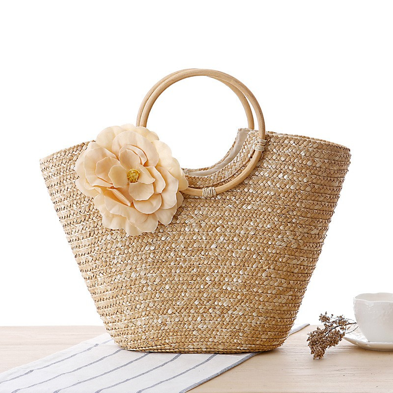 Image of (44x29cm) Stroh Strandtasche mit Blumen Details Gewebte Handtasche - Beige bei Apfelkiste.ch