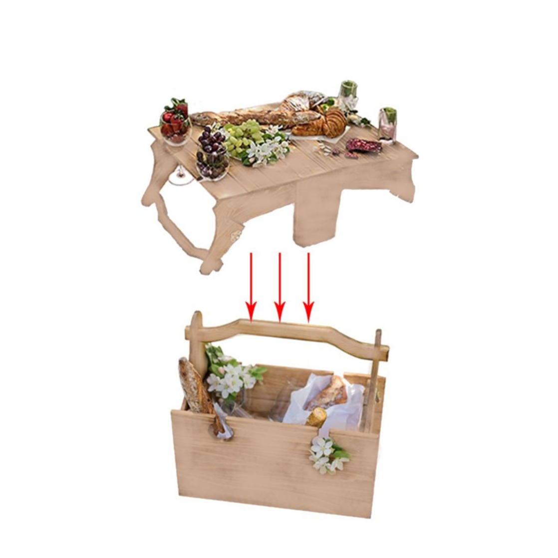 Image of (45x30x11cm) 2in1 Mini Holz Klapp Tisch Picknick Trage Korb - Natur Braun bei Apfelkiste.ch